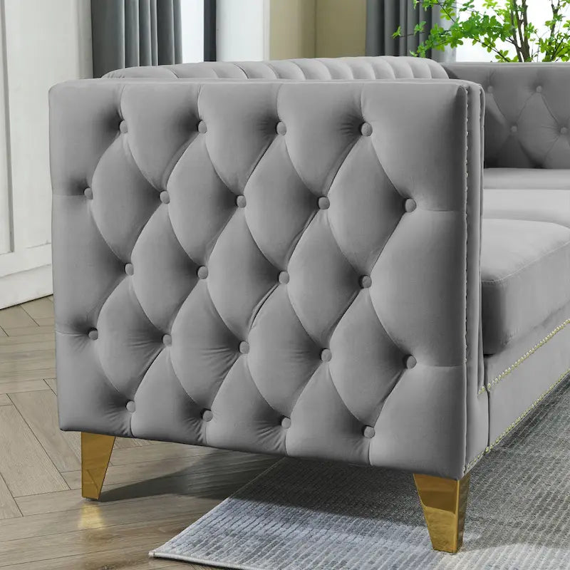 Canapé 3 places gris 80,5 cm en velours capitonné avec décoration cloutée