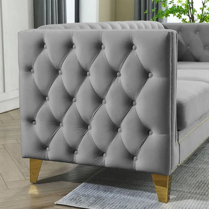 Canapé 3 places gris 80,5 cm en velours capitonné avec décoration cloutée