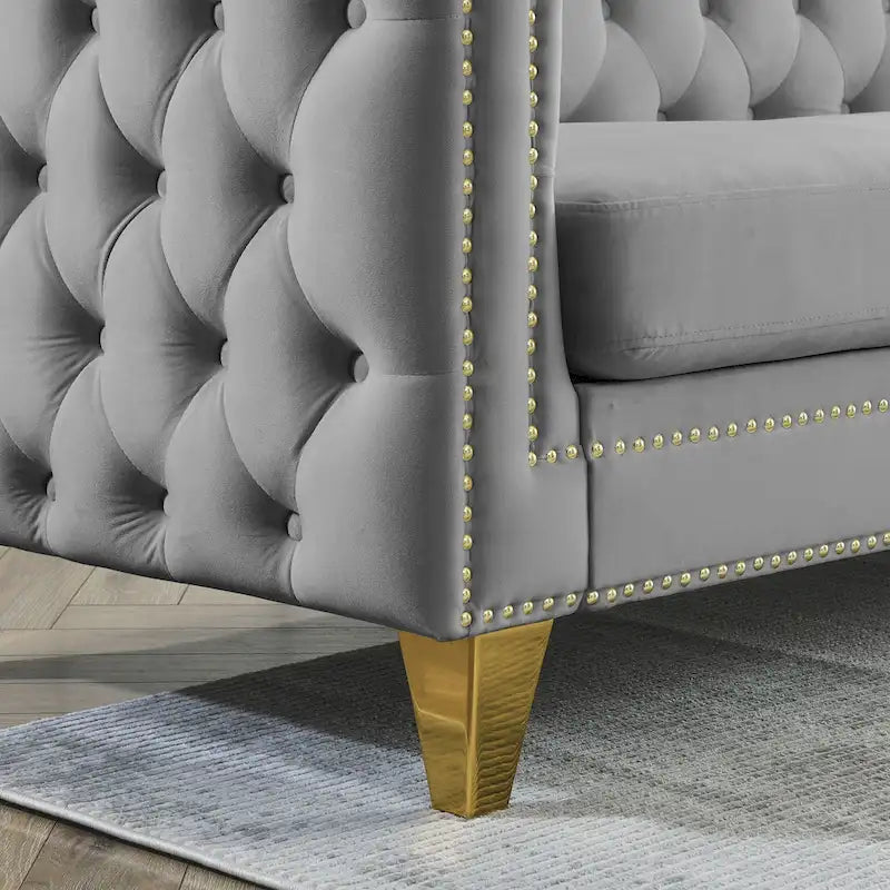 Canapé 3 places gris 80,5 cm en velours capitonné avec décoration cloutée