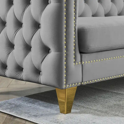 Canapé 3 places gris 80,5 cm en velours capitonné avec décoration cloutée