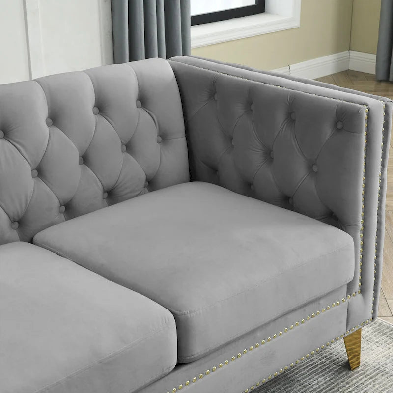 Canapé 3 places gris 80,5 cm en velours capitonné avec décoration cloutée