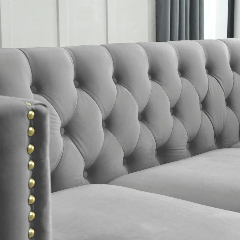 Canapé 3 places gris 80,5 cm en velours capitonné avec décoration cloutée