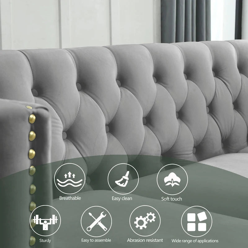 Canapé 3 places gris 80,5 cm en velours capitonné avec décoration cloutée