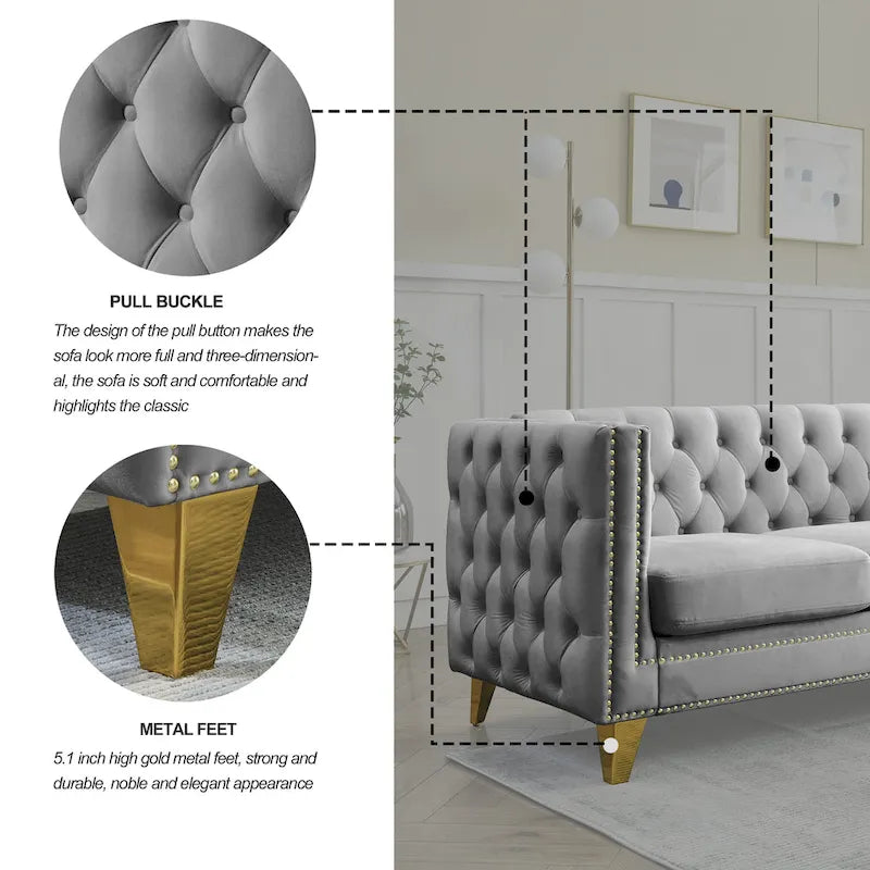 Canapé 3 places gris 80,5 cm en velours capitonné avec décoration cloutée