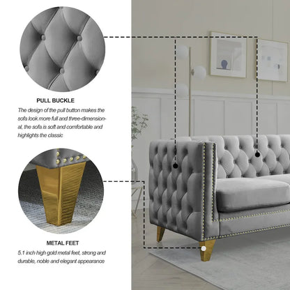 Canapé 3 places gris 80,5 cm en velours capitonné avec décoration cloutée