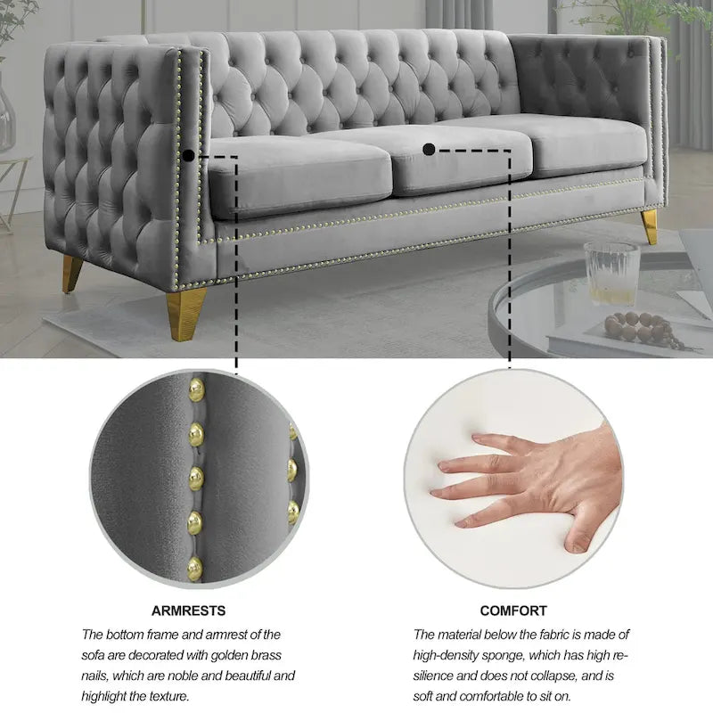 Canapé 3 places gris 80,5 cm en velours capitonné avec décoration cloutée
