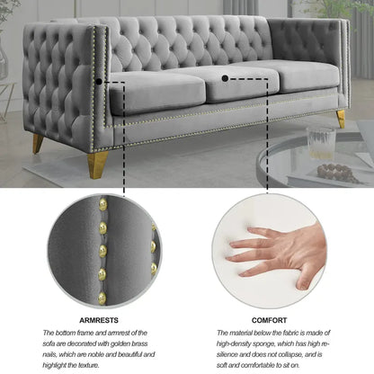 Canapé 3 places gris 80,5 cm en velours capitonné avec décoration cloutée