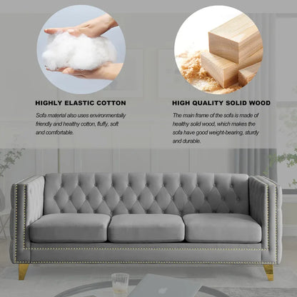 Canapé 3 places gris 80,5 cm en velours capitonné avec décoration cloutée