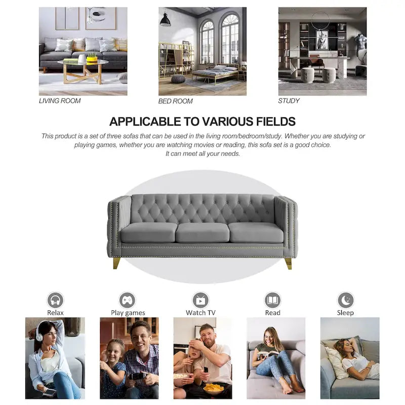Canapé 3 places gris 80,5 cm en velours capitonné avec décoration cloutée