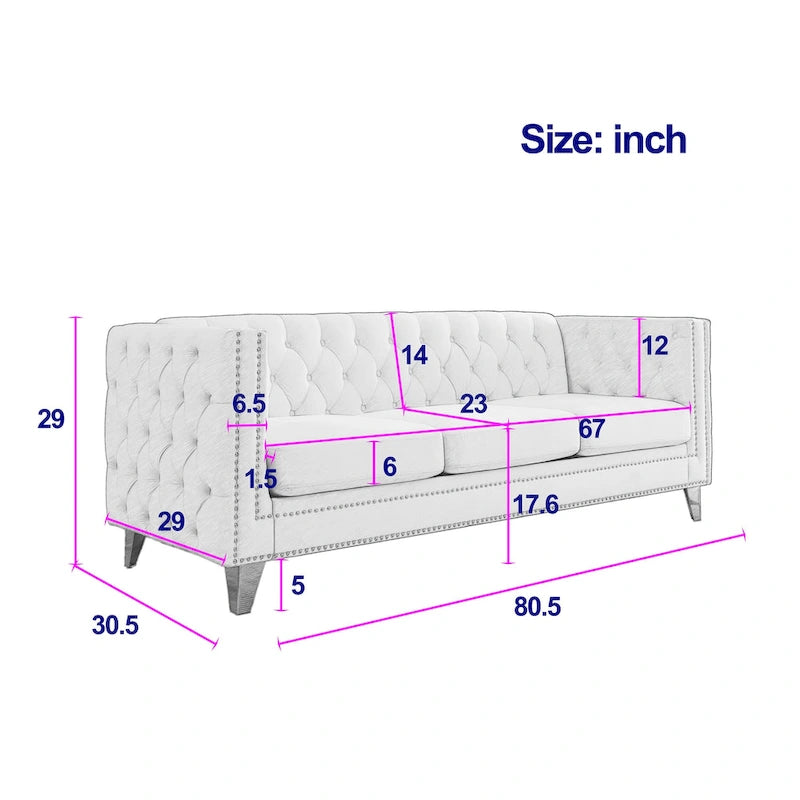 Canapé 3 places gris 80,5 cm en velours capitonné avec décoration cloutée
