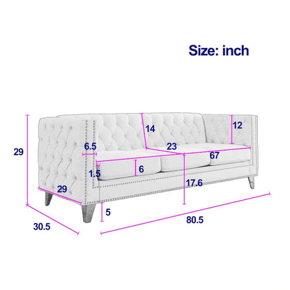 Canapé 3 places gris 80,5 cm en velours capitonné avec décoration cloutée