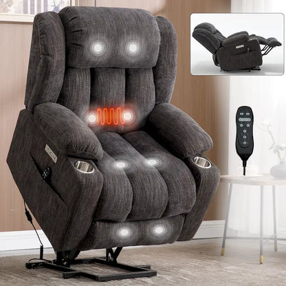 Fauteuil inclinable électrique en chenille grise avec massage, chauffage, port USB et porte-gobelets