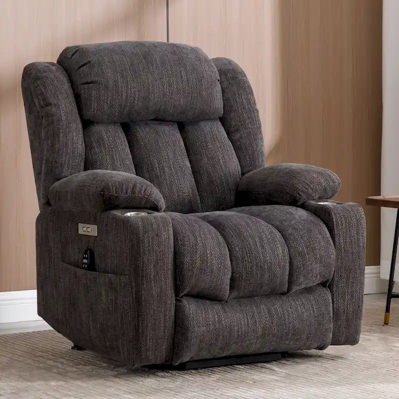 Fauteuil inclinable électrique en chenille grise avec massage, chauffage, port USB et porte-gobelets