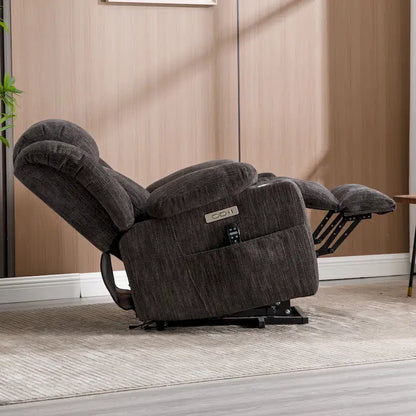 Fauteuil inclinable électrique en chenille grise avec massage, chauffage, port USB et porte-gobelets