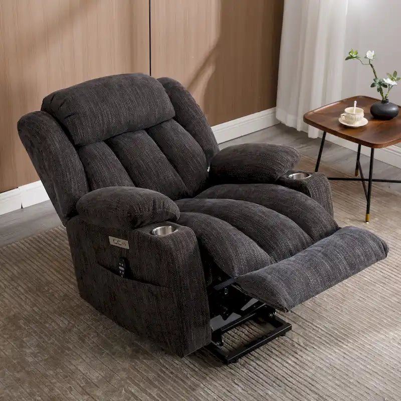 Fauteuil inclinable électrique en chenille grise avec massage, chauffage, port USB et porte-gobelets