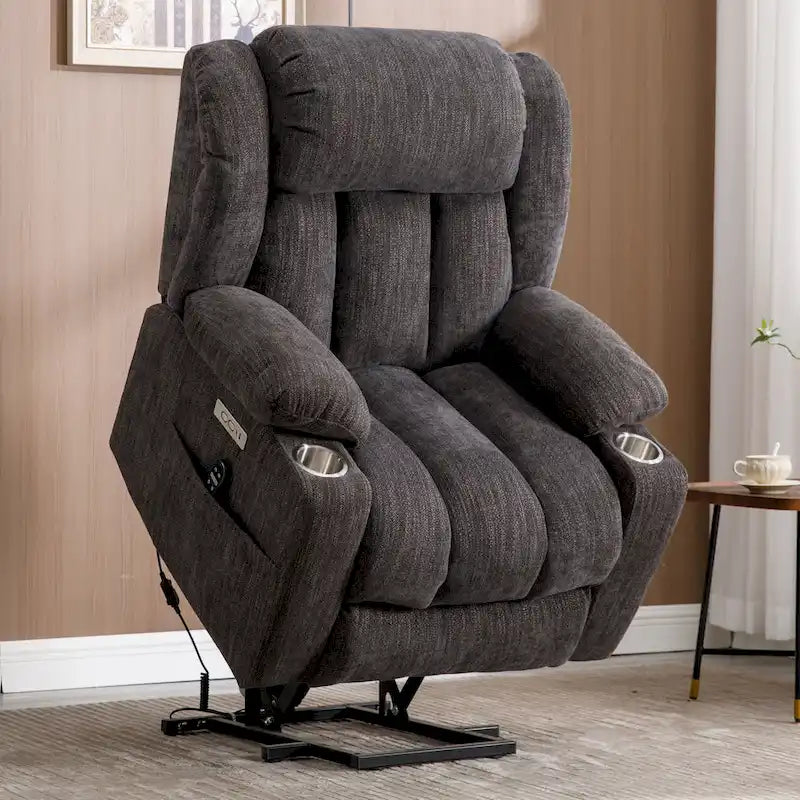 Fauteuil inclinable électrique en chenille grise avec massage, chauffage, port USB et porte-gobelets