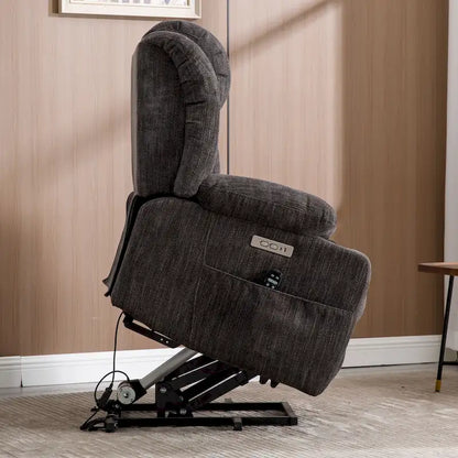 Fauteuil inclinable électrique en chenille grise avec massage, chauffage, port USB et porte-gobelets