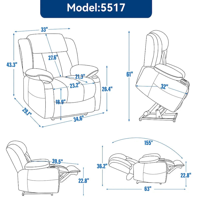Fauteuil inclinable électrique en chenille grise avec massage, chauffage, port USB et porte-gobelets