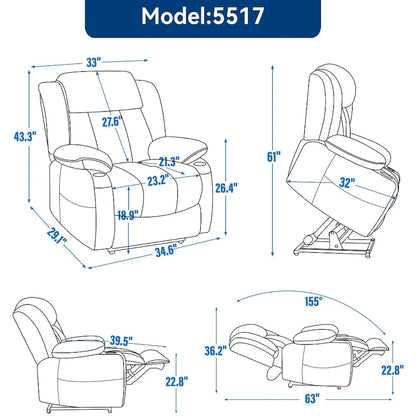 Fauteuil inclinable électrique en chenille grise avec massage, chauffage, port USB et porte-gobelets