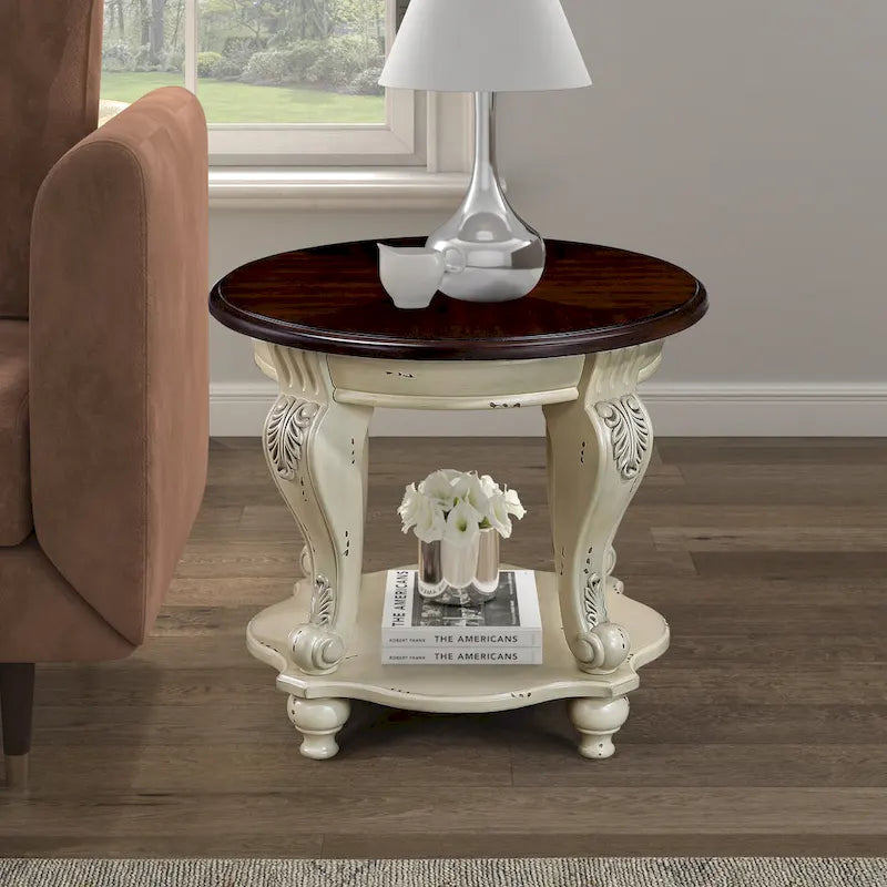 Table d'appoint ronde rétro 22 pouces, table de chevet en bois massif avec étagère, table d'angle pour salon, montage facile