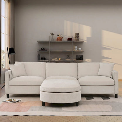 Canapé d'angle spacieux 4 places beige 107,87 cm avec pouf amovible, coussins déhoussables et rangement pratique dans les accoudoirs