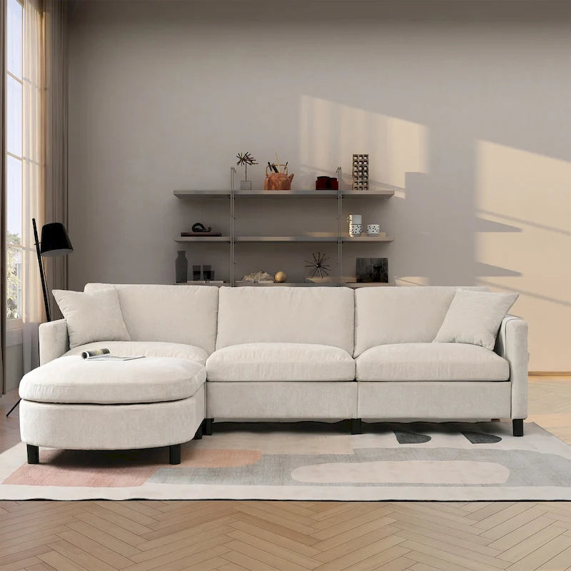 Canapé d'angle spacieux 4 places beige 107,87 cm avec pouf amovible, coussins déhoussables et rangement pratique dans les accoudoirs