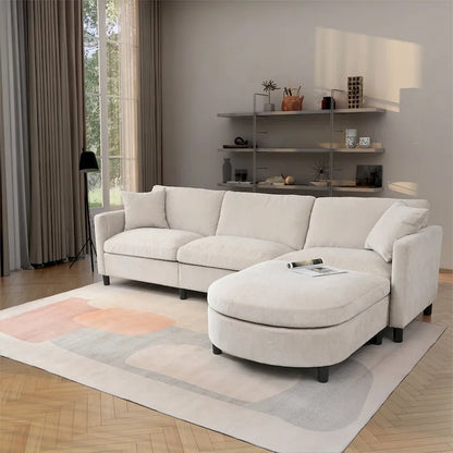 Canapé d'angle spacieux 4 places beige 107,87 cm avec pouf amovible, coussins déhoussables et rangement pratique dans les accoudoirs