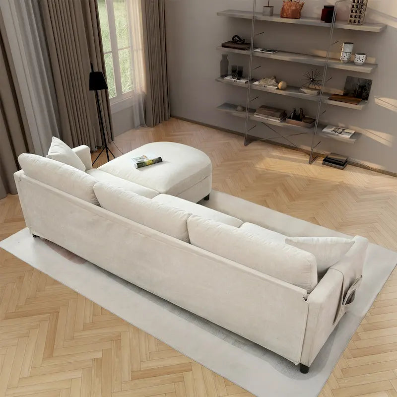 Canapé d'angle spacieux 4 places beige 107,87 cm avec pouf amovible, coussins déhoussables et rangement pratique dans les accoudoirs