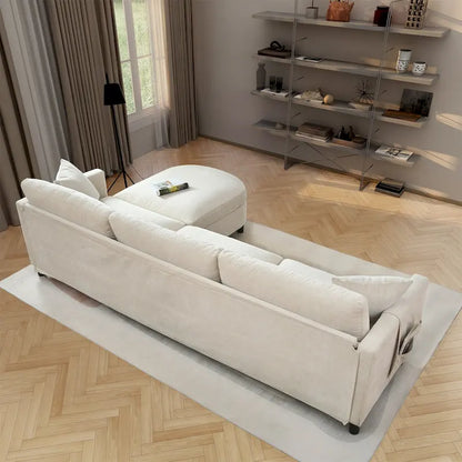 Canapé d'angle spacieux 4 places beige 107,87 cm avec pouf amovible, coussins déhoussables et rangement pratique dans les accoudoirs