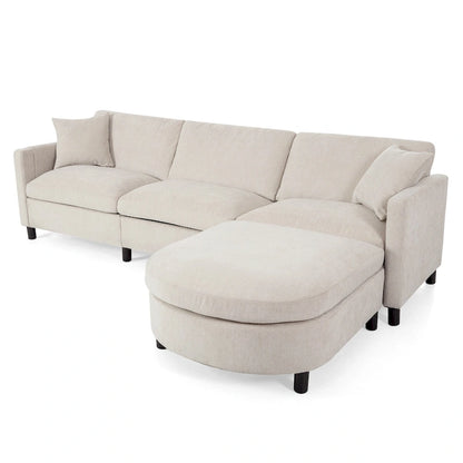 Canapé d'angle spacieux 4 places beige 107,87 cm avec pouf amovible, coussins déhoussables et rangement pratique dans les accoudoirs