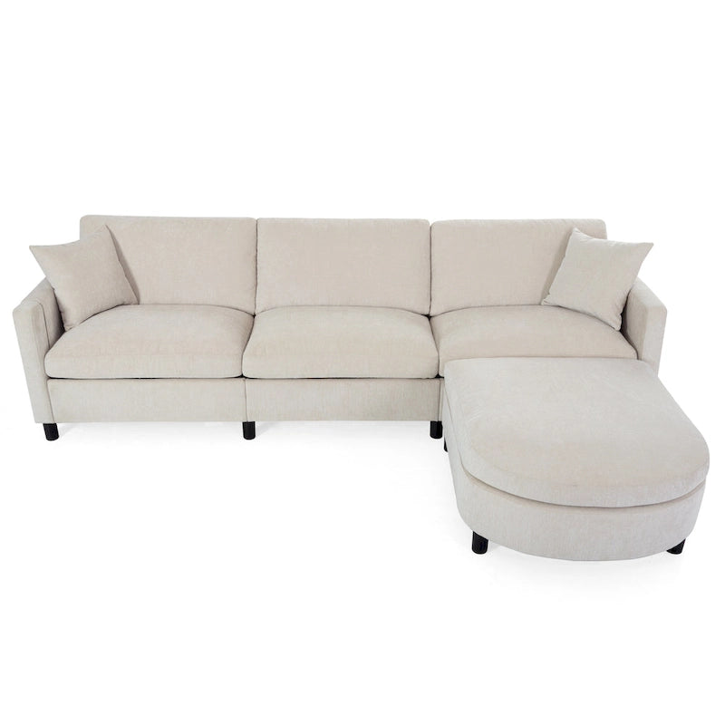 Canapé d'angle spacieux 4 places beige 107,87 cm avec pouf amovible, coussins déhoussables et rangement pratique dans les accoudoirs