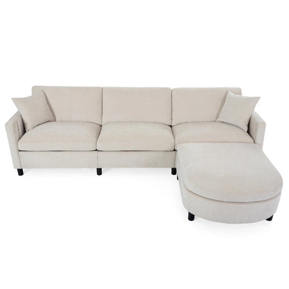 Canapé d'angle spacieux 4 places beige 107,87 cm avec pouf amovible, coussins déhoussables et rangement pratique dans les accoudoirs