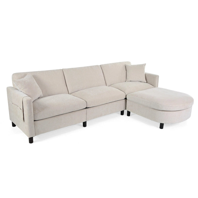 Canapé d'angle spacieux 4 places beige 107,87 cm avec pouf amovible, coussins déhoussables et rangement pratique dans les accoudoirs