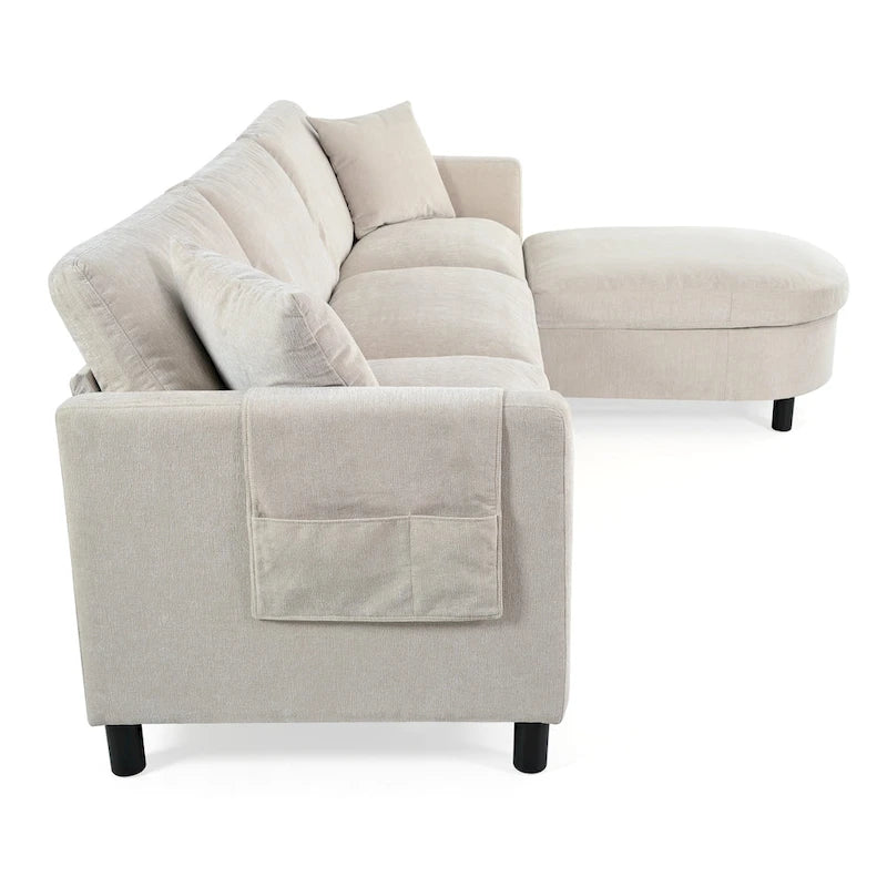 Canapé d'angle spacieux 4 places beige 107,87 cm avec pouf amovible, coussins déhoussables et rangement pratique dans les accoudoirs