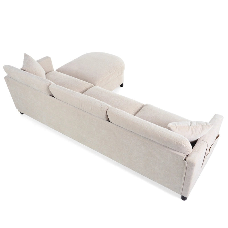 Canapé d'angle spacieux 4 places beige 107,87 cm avec pouf amovible, coussins déhoussables et rangement pratique dans les accoudoirs