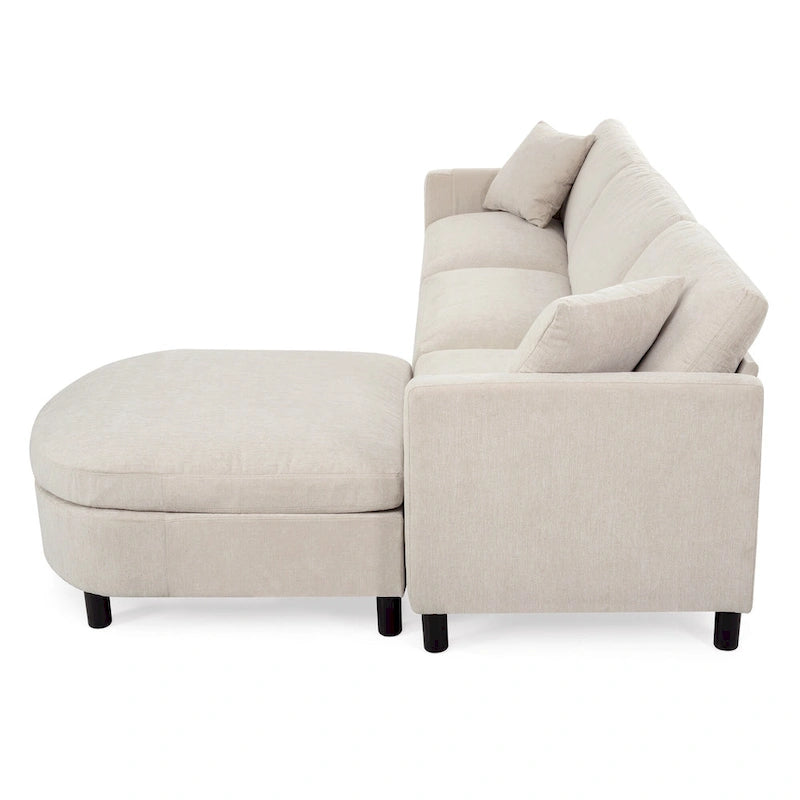 Canapé d'angle spacieux 4 places beige 107,87 cm avec pouf amovible, coussins déhoussables et rangement pratique dans les accoudoirs