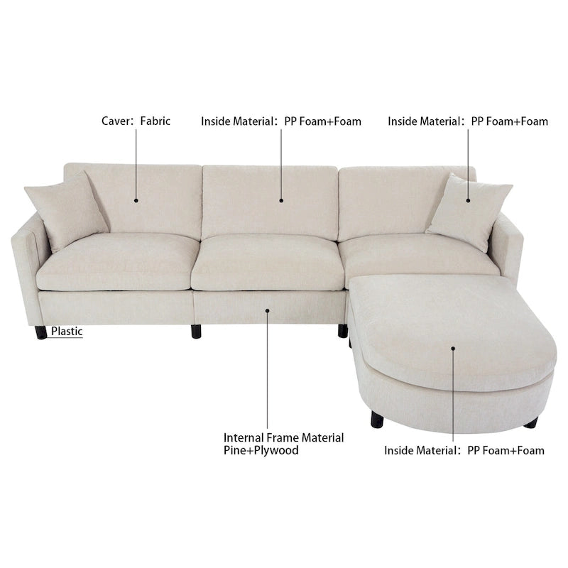 Canapé d'angle spacieux 4 places beige 107,87 cm avec pouf amovible, coussins déhoussables et rangement pratique dans les accoudoirs