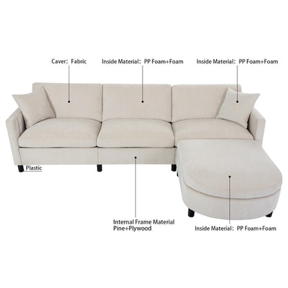 Canapé d'angle spacieux 4 places beige 107,87 cm avec pouf amovible, coussins déhoussables et rangement pratique dans les accoudoirs