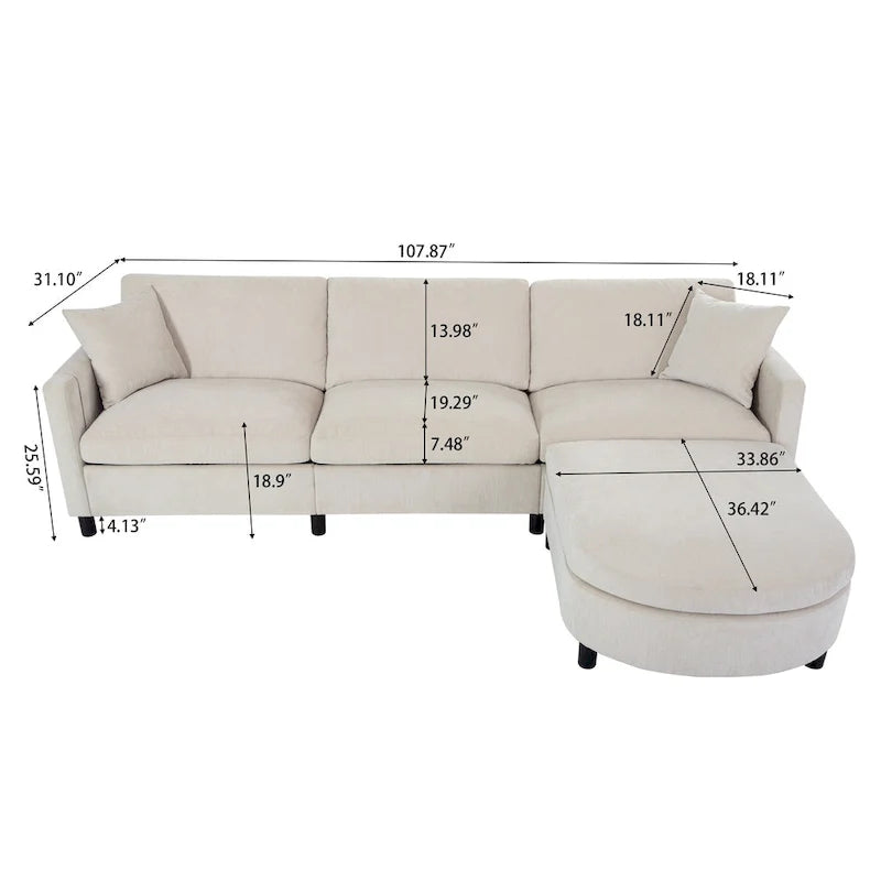 Canapé d'angle spacieux 4 places beige 107,87 cm avec pouf amovible, coussins déhoussables et rangement pratique dans les accoudoirs