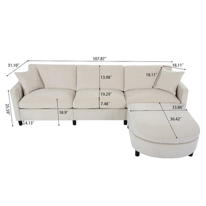 Canapé d'angle spacieux 4 places beige 107,87 cm avec pouf amovible, coussins déhoussables et rangement pratique dans les accoudoirs