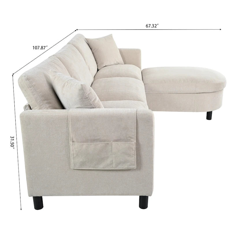 Canapé d'angle spacieux 4 places beige 107,87 cm avec pouf amovible, coussins déhoussables et rangement pratique dans les accoudoirs