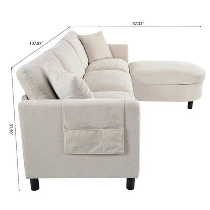 Canapé d'angle spacieux 4 places beige 107,87 cm avec pouf amovible, coussins déhoussables et rangement pratique dans les accoudoirs