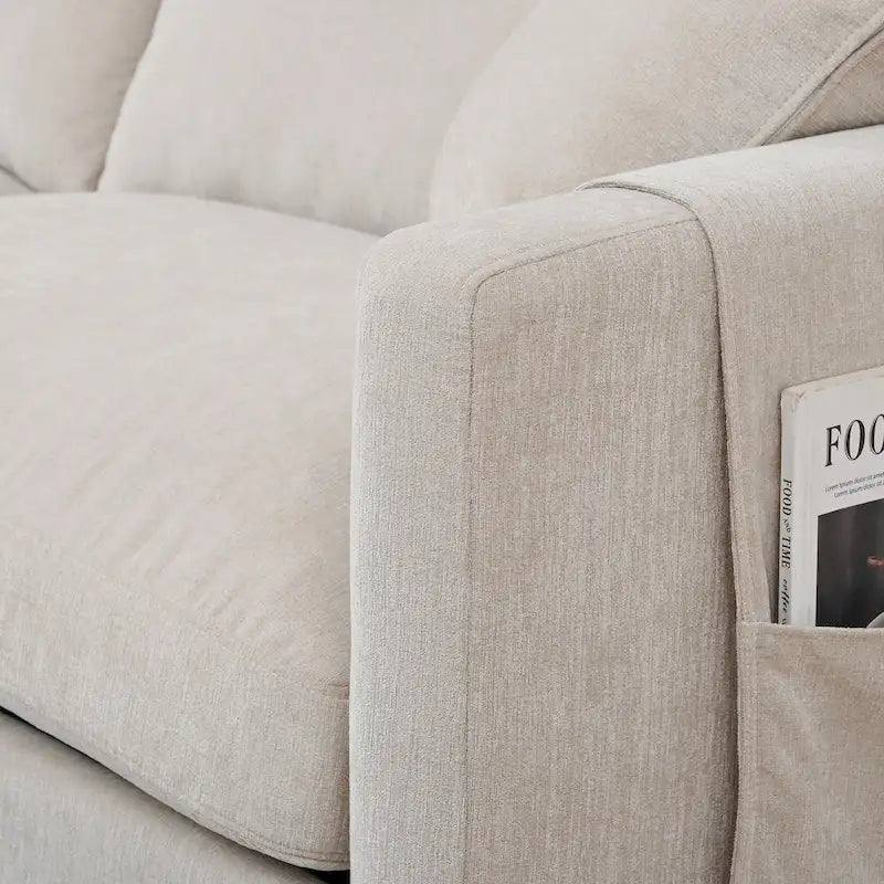 Canapé d'angle spacieux 4 places beige 107,87 cm avec pouf amovible, coussins déhoussables et rangement pratique dans les accoudoirs