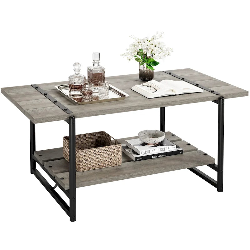 Table basse industrielle en bois à 2 niveaux, grande taille (41 pouces), avec étagère de rangement