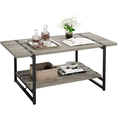Table basse industrielle en bois à 2 niveaux, grande taille (41 pouces), avec étagère de rangement