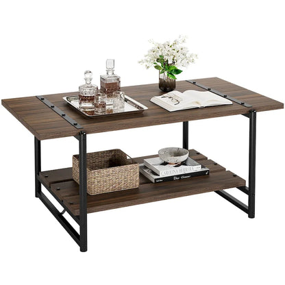 Table basse industrielle en bois à 2 niveaux, grande taille (41 pouces), avec étagère de rangement