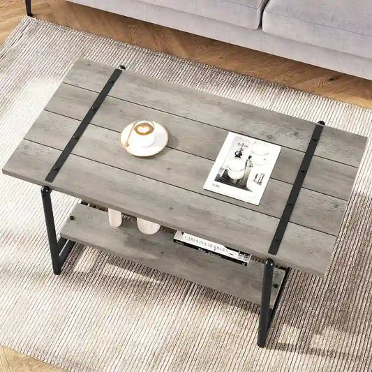 Table basse industrielle en bois à 2 niveaux, grande taille (41 pouces), avec étagère de rangement