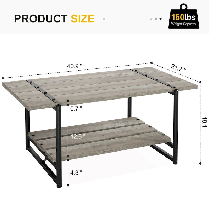 Table basse industrielle en bois à 2 niveaux, grande taille (41 pouces), avec étagère de rangement