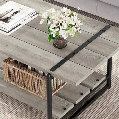 Table basse industrielle en bois à 2 niveaux, grande taille (41 pouces), avec étagère de rangement