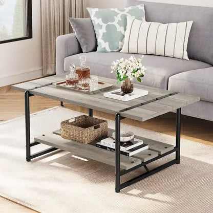 Table basse industrielle en bois à 2 niveaux, grande taille (41 pouces), avec étagère de rangement